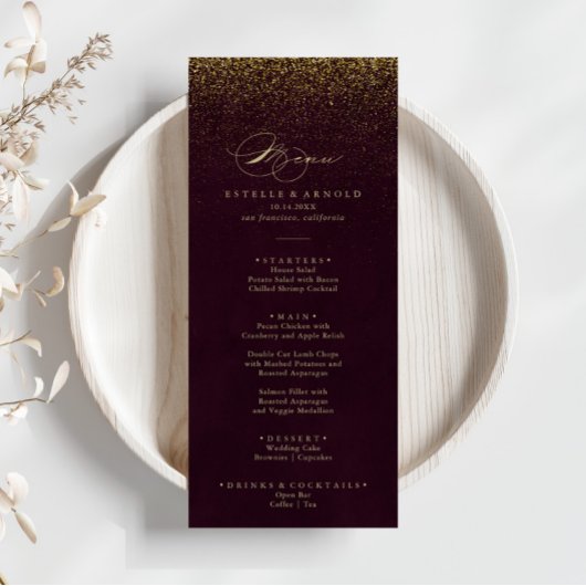 Burgundy Gold Glitzer Calligraphy Dinner Menu Menükarte