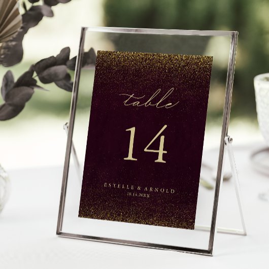 Burgundy Gold Glitzer Calligraphy Gold Wedding Tischnummer
