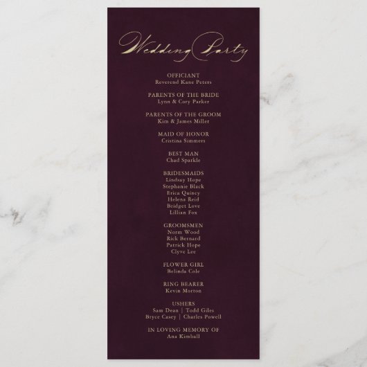 Burgundy Gold Glitzer Calligraphy Wedding Program Programm (Rückseite)