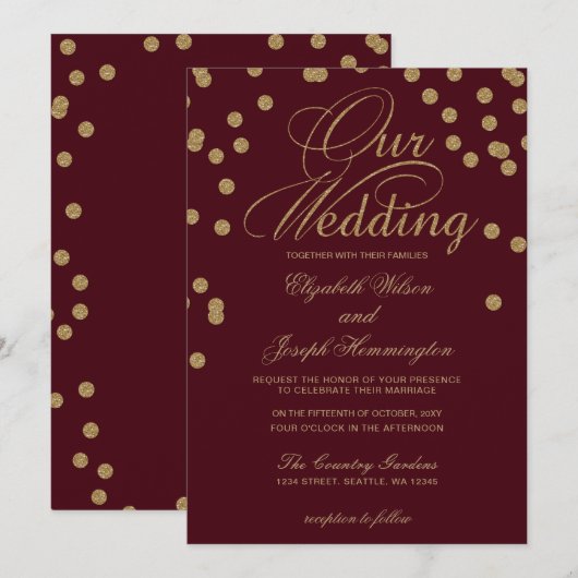 Burgundy Gold Glitzer Confetti Elegante Hochzeit Einladung (Vorne/Hinten)