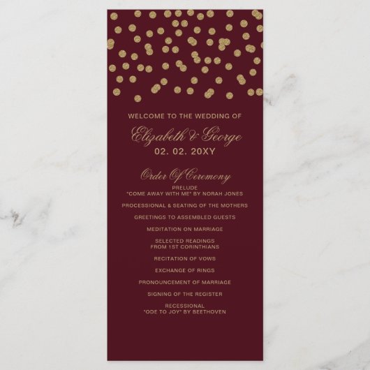 Burgundy Gold Glitzer Confetti Elegante Hochzeit Programm (Vorderseite)