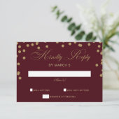 Burgundy Gold Glitzer Confetti Elegante Hochzeit RSVP Karte (Stehend Vorderseite)