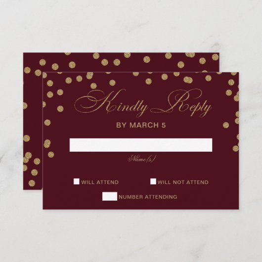 Burgundy Gold Glitzer Confetti Elegante Hochzeit RSVP Karte (Vorne/Hinten)