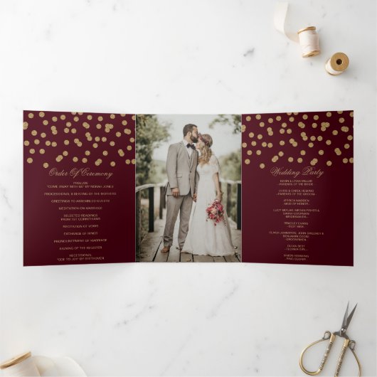 Burgundy Gold Glitzer Confetti Foto Wedding Dreifach-gefaltete Programmkarte (Innenseite)