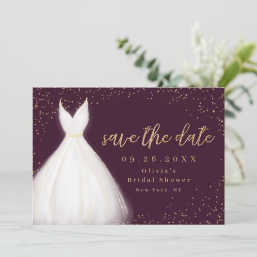 Burgundy Gold Glitzer Elegantes Kleid Save the Dat Save The Date (Stehend Vorderseite)