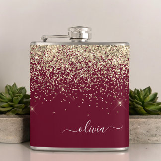 Burgundy Gold Glitzer Girly Monogram Glam Flachmann