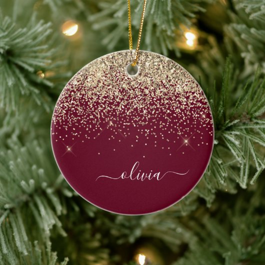 Burgundy Gold Glitzer Girly Monogram Glam Keramik Ornament (Baum)