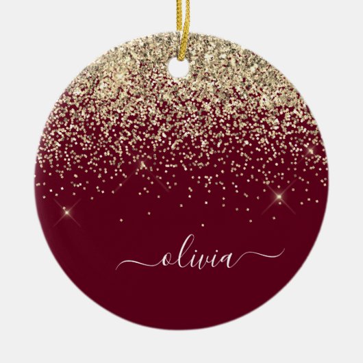 Burgundy Gold Glitzer Girly Monogram Glam Keramik Ornament (Vorne)