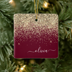 Burgundy Gold Glitzer Girly Monogram Glam Keramikornament