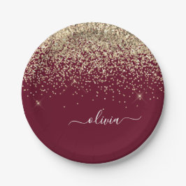 Burgundy Gold Glitzer Girly Monogram Glam Pappteller