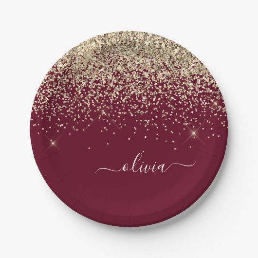 Burgundy Gold Glitzer Girly Monogram Glam Pappteller (Vorderseite)
