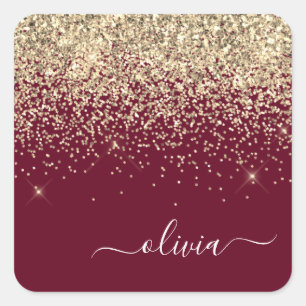 Burgundy Gold Glitzer Girly Monogram Glam Quadratischer Aufkleber