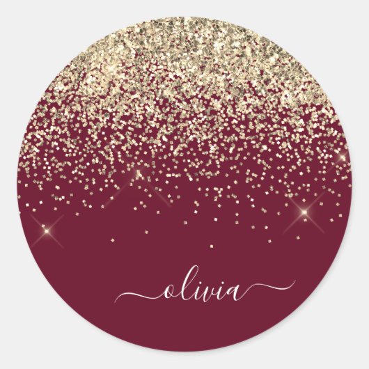 Burgundy Gold Glitzer Girly Monogram Glam Runder Aufkleber (Vorderseite)