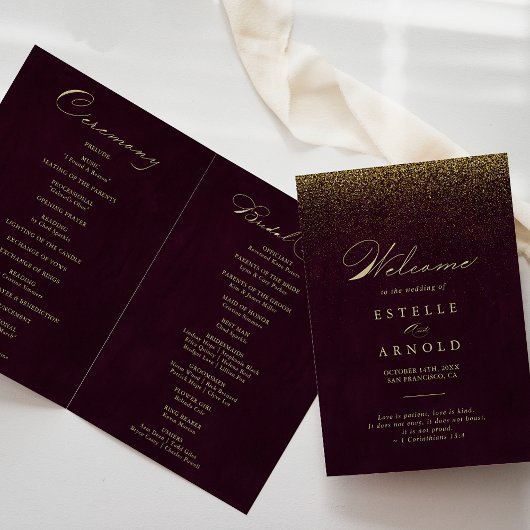 Burgundy Gold Glitzer Kalligrafie FaltenWedding Programm