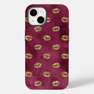 Burgundy Gold Glitzer Kisses Lips Case-Mate iPhone 14 Hülle