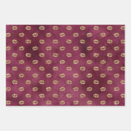 Burgundy Gold Glitzer Kisses Lips Geschenkpapier Set