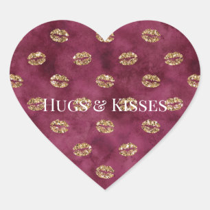Burgundy Gold Glitzer Kisses Lips Herz-Aufkleber