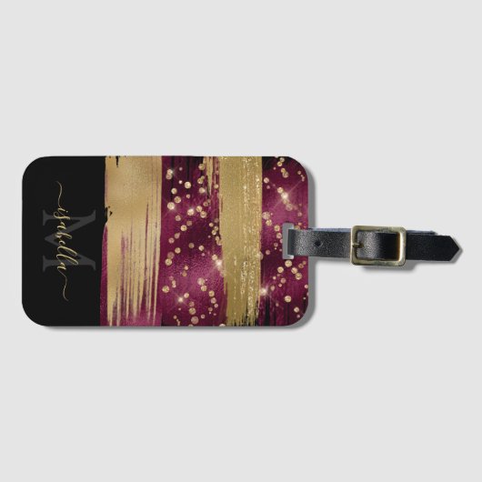 Burgundy Gold Glitzer Script Mit Monogramm Gepäckanhänger (Vorderseite (Horizontal))