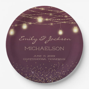 Burgundy Gold Glitzer String Light Lantern Wedding Pappteller