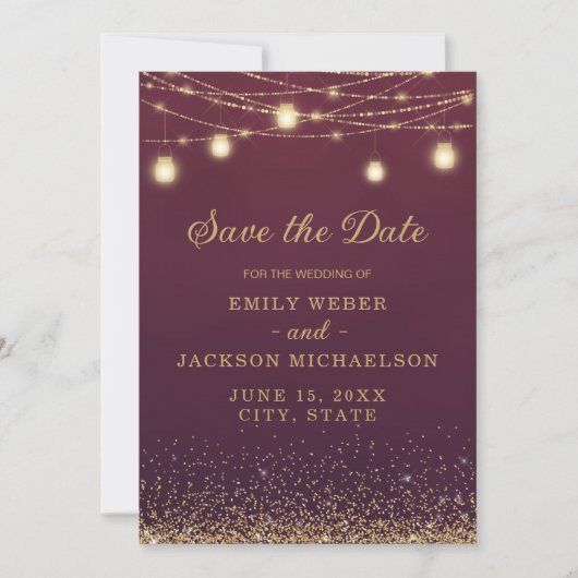 Burgundy Gold Glitzer String Light Rett Date Rett Save The Date (Vorderseite)