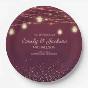 Burgundy Gold Glitzer String Light Wedding Pappteller