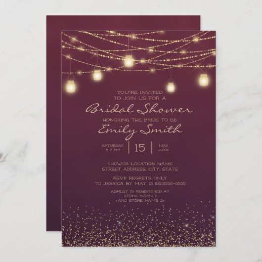 Burgundy Gold Glitzer String Lights Brautparty Einladung (Vorne/Hinten)