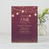Burgundy Gold Glitzer String Lights Formale 18. Einladung (Stehend Vorderseite)