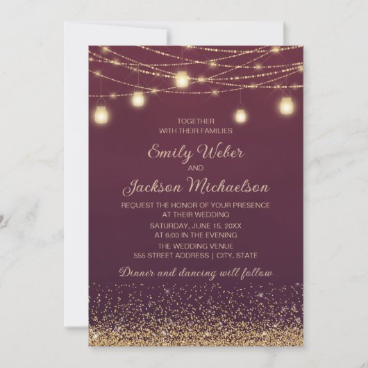 Burgundy Gold Glitzer String Lights Hochzeit Einladung (Vorderseite)
