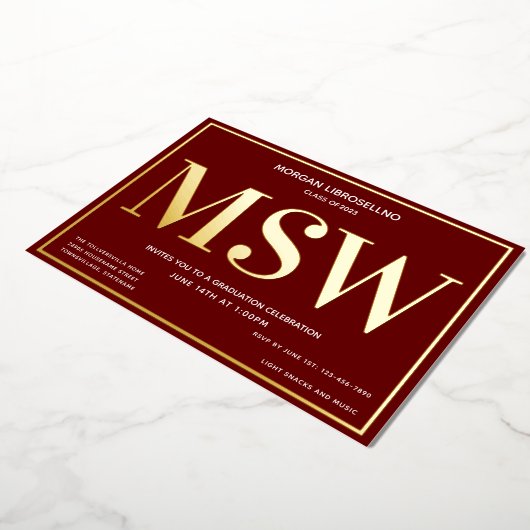 Burgundy Gold Grad MSW Abschluss Folieneinladung (Gedreht)