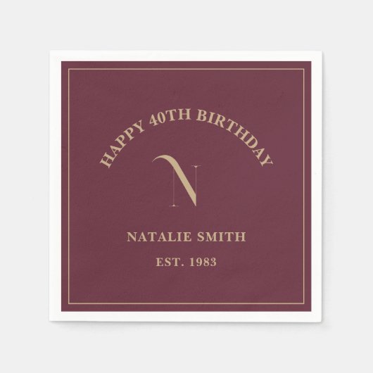 Burgundy Gold Happy Birthday Monogram Initial Serviette (Vorderseite)