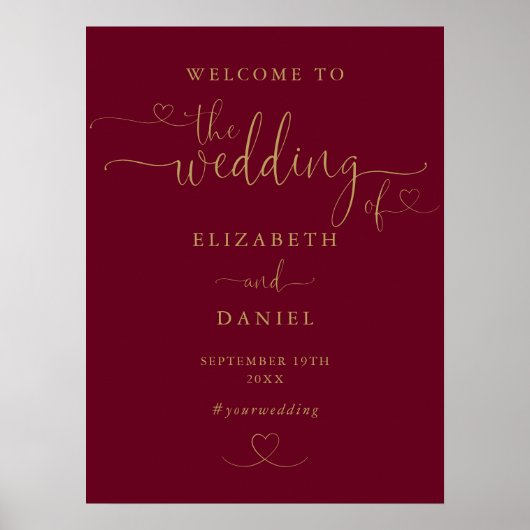 Burgundy Gold Heart Script Wedding Willkommenszeic Poster (Vorne)