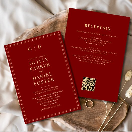 Burgundy Gold in einem QR-Code Hochzeit Einladung