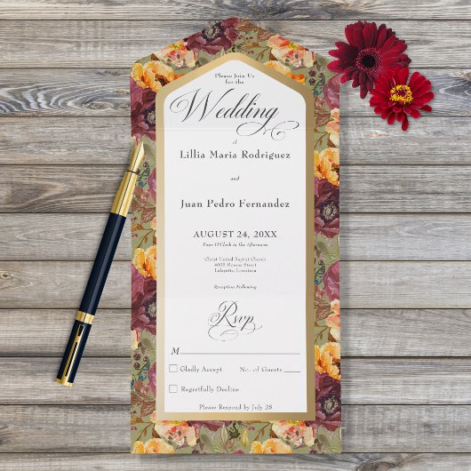 Burgundy & Gold Jewel Floral Green No Dinner All In One Einladung