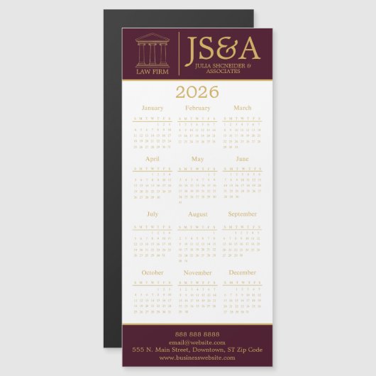 Burgundy Gold Justice Columns Law Firm Logo 2026 Magnetkarte (Vorne/Hinten)