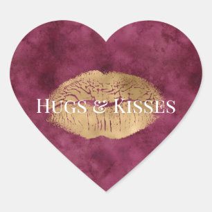 Burgundy Gold Kiss Lips Herz-Aufkleber