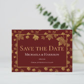 Burgundy & Gold Leaf Save the Date Karte (Stehend Vorderseite)