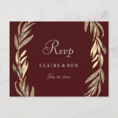 Burgundy Gold Leaf Wreath Wedding RSVP Postcard Einladungspostkarte (Vorderseite)