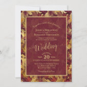 Burgundy & Gold Leaves Calligraphy QR Code Wedding Einladung (Vorderseite)
