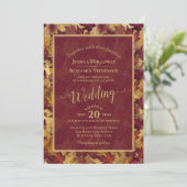 Burgundy & Gold Leaves Calligraphy QR Code Wedding Einladung (Stehend Vorderseite)