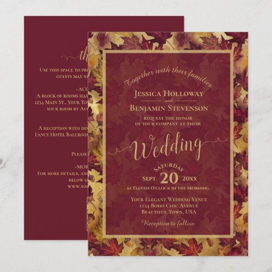 Burgundy & Gold Leaves Calligraphy QR Code Wedding Einladung (Vorne/Hinten)