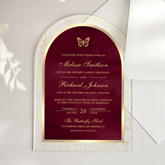 Burgundy Gold Line Art Arch Butterfly Wedding Acryleinladungen