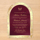 Burgundy Gold Line Art Arch Butterfly Wedding Acryleinladungen (Vorderseite)