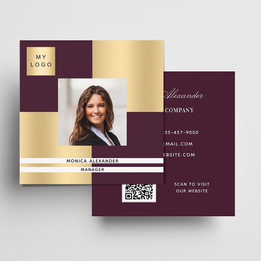 Burgundy Gold Logo Foto QR Code Quadratische Visitenkarte
