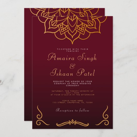 Burgundy Gold Mandala Ethnic Night Indian Wedding Einladung (Vorne/Hinten)