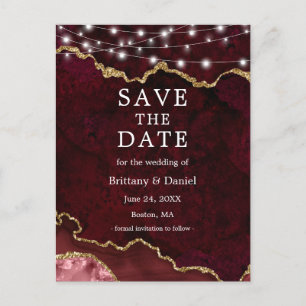 Burgundy Gold Marble Geode Lights Save the Date Ankündigungspostkarte