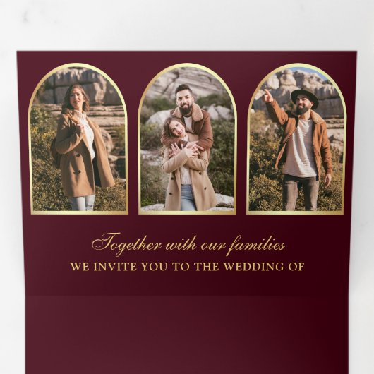 Burgundy Gold Minimal Arch Photo QR code Wedding Dreifach Gefaltete Einladung (Innen Erste Seite)