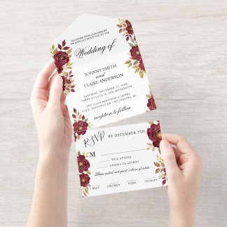Burgundy Gold Minimalis Elegant Wedding Invitation All-in-One-Einladung