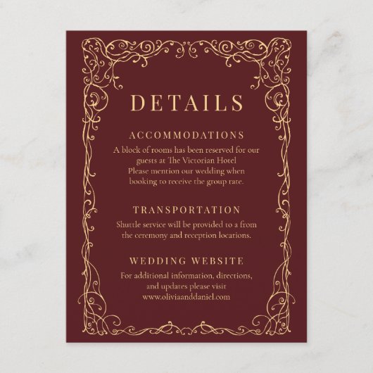 Burgundy Gold Minimalist Wedding Details Einladung (Vorderseite)