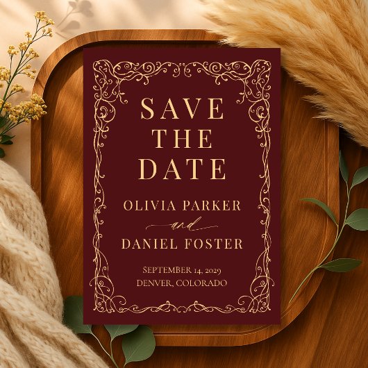 Burgundy Gold Minimalist Wedding Save the Date