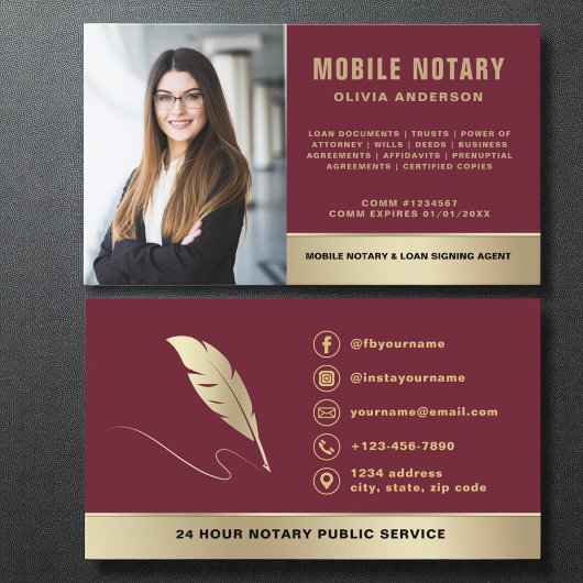 Burgundy Gold Mobile Notary Signing Agent Foto Visitenkarte